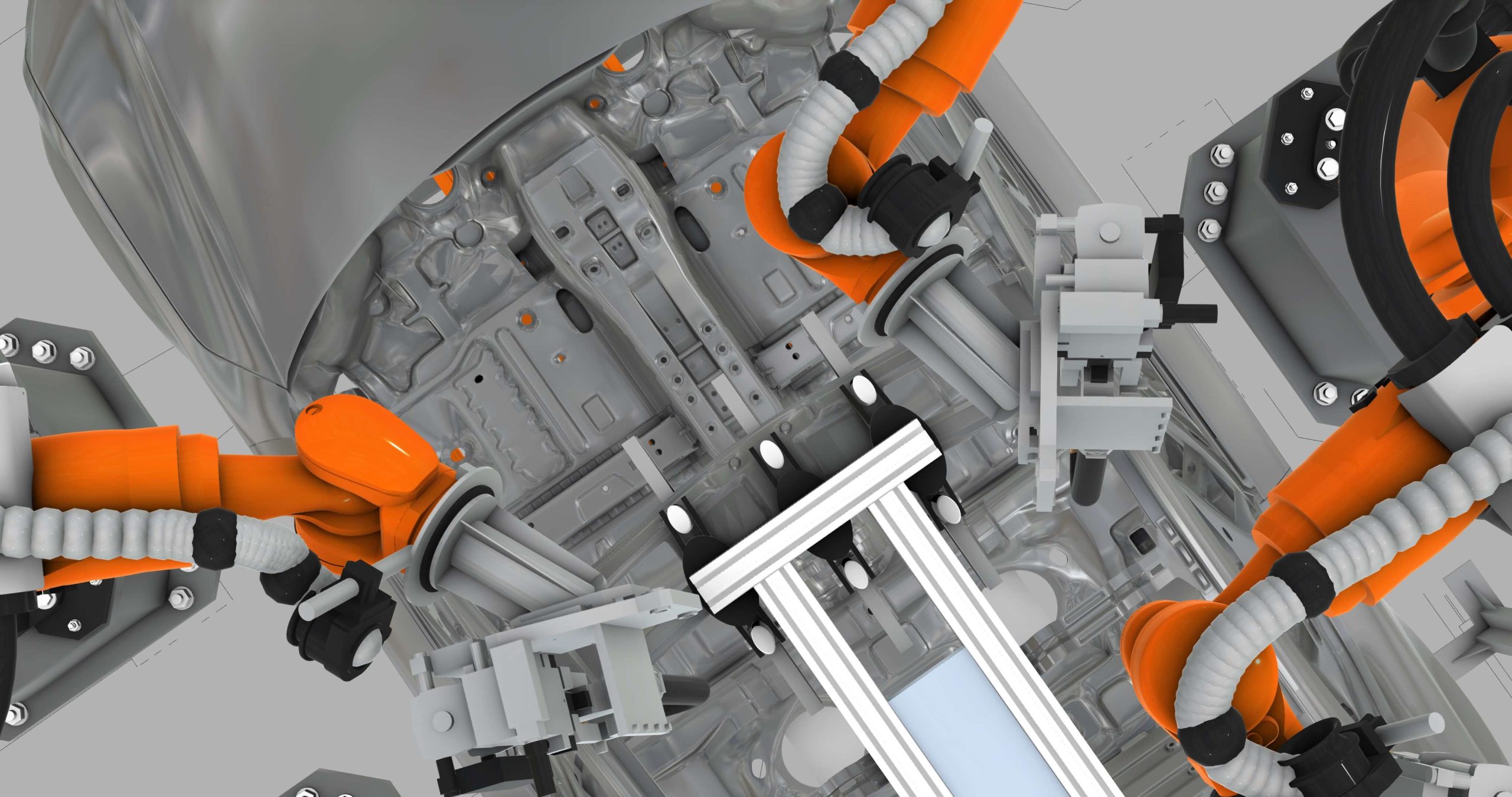 A close-up simulation of robots building a car