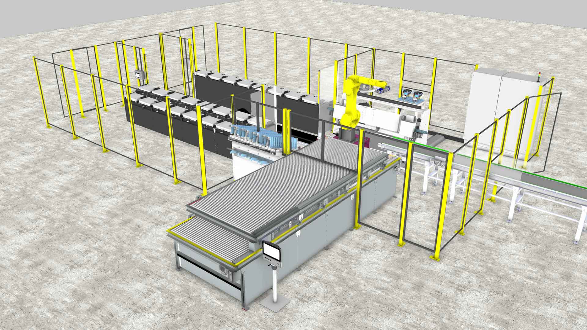 a rendering of a robot working at a manufacturing line