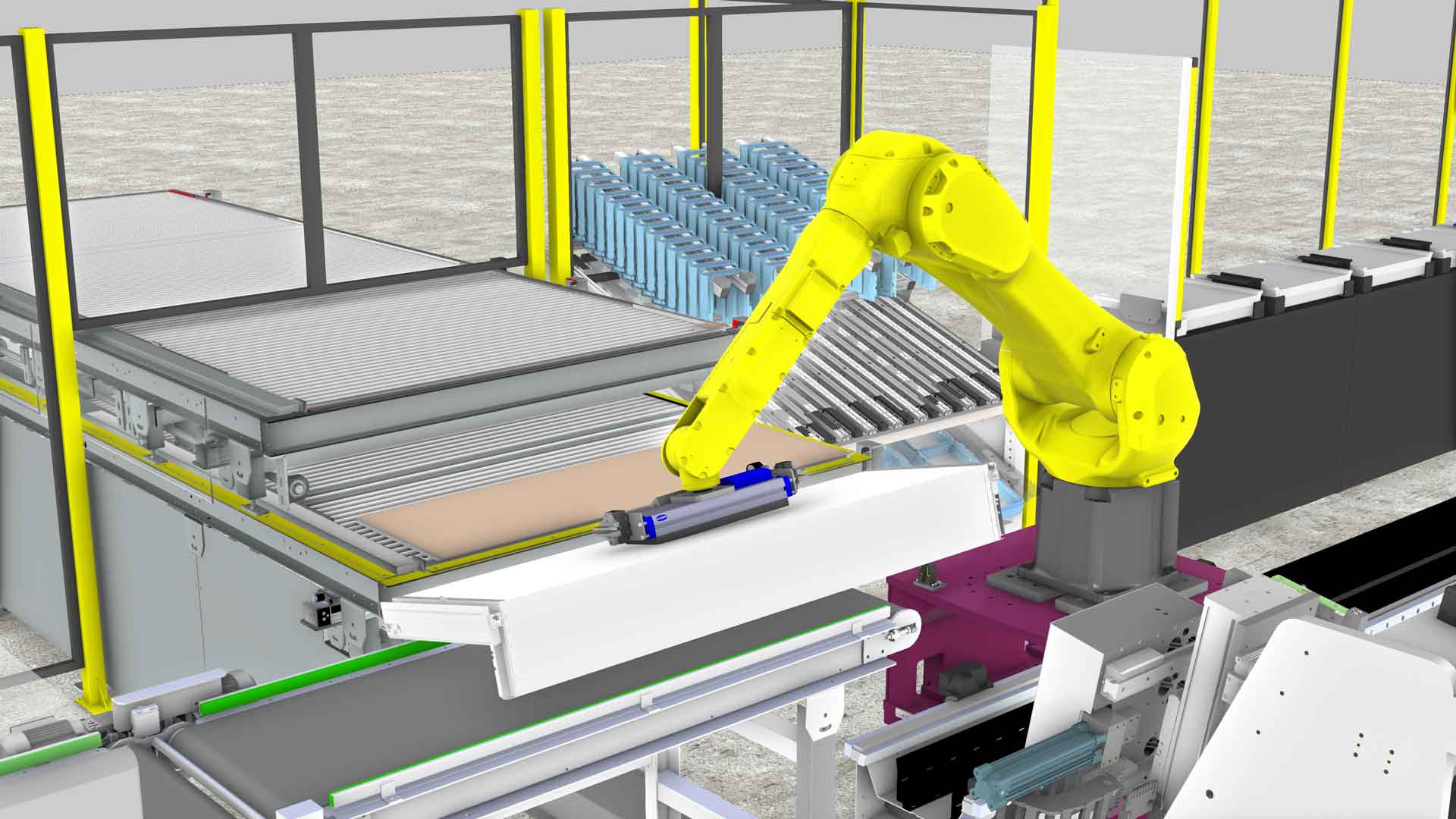 a rendering of a robot working at a manufacturing line